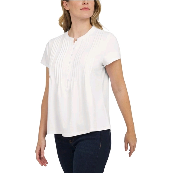 NWT Lands' End Women's Short Sleeve Pintuck Blouse White - Picture 2 of 7